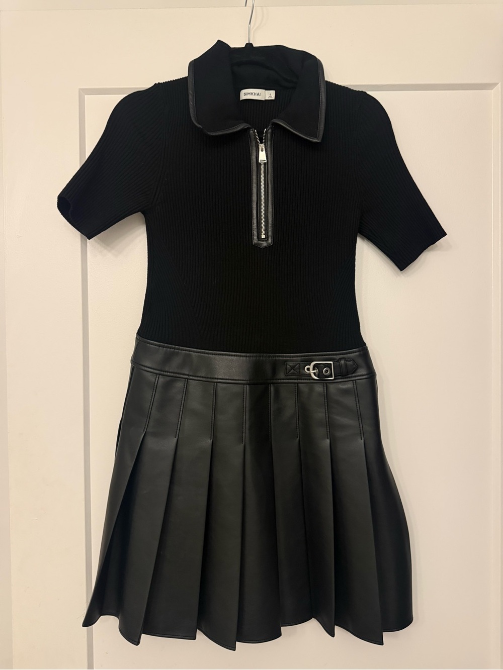 SIMKHAI Linnie Knit Faux Leather Pleated Mini Dress Black S